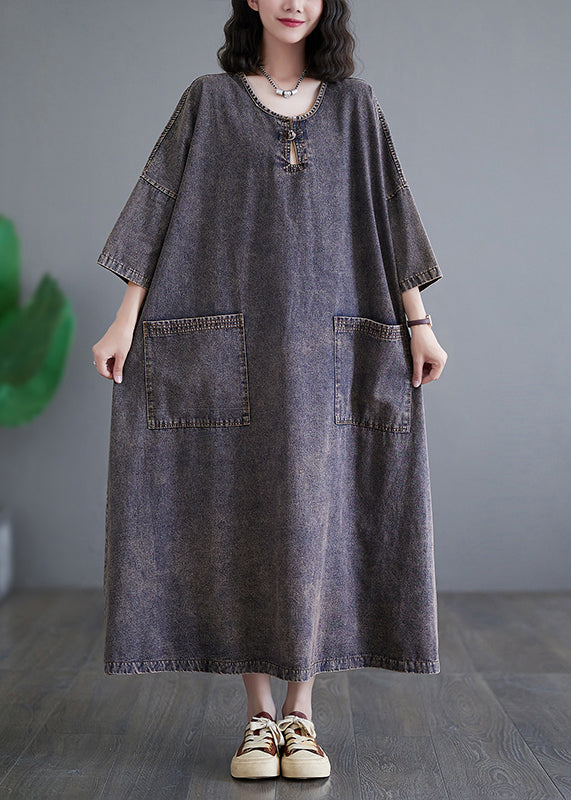 Deep Purple O Neck Pockets Denim Long Dress Bracelet Sleeve