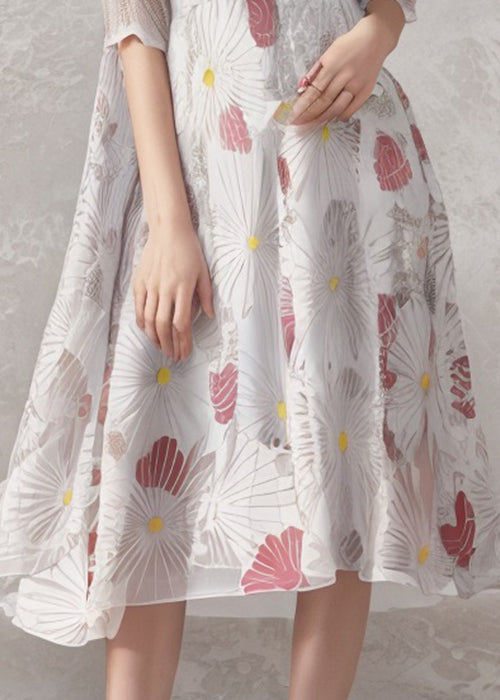 New White O-neck Print Silk Dress Half Sleeve