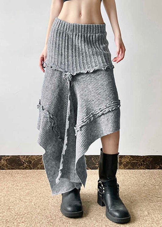 Grey Asymmetrical Design Ruffled Knit Skirts Spring