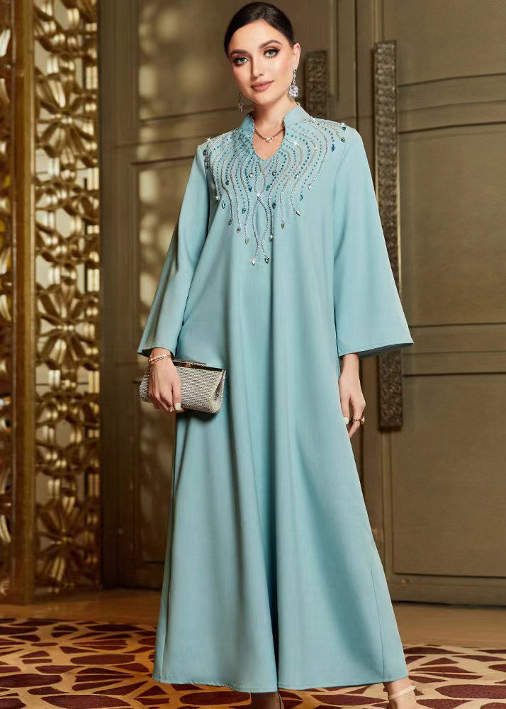 Blue Zircon Handmade Beaded Maxi Dress Fall