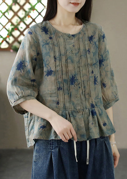Organic Purple O-neck Print Wrinkled Linen Shirt Summer