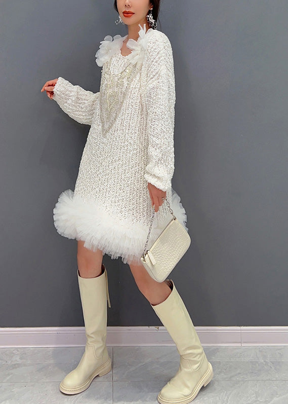 White O-neck Tulle Patchwork Knit Dress Long Sleeve