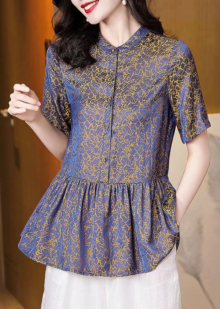 Purple Stand Collar Wrinkled Patchwork Chiffon Blouses Summer