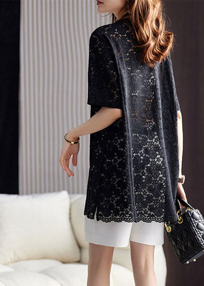 Black O-neck Print Hollow Out Lace Top Short Sleeve