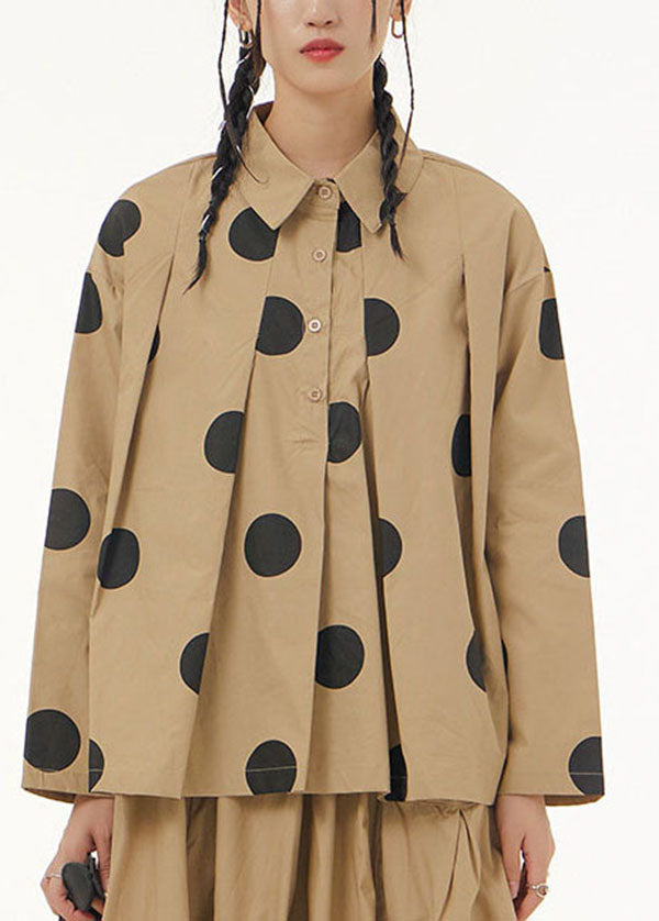 Khaki Peter Pan Collar Dot Print Patchwork Cotton Shirt Spring