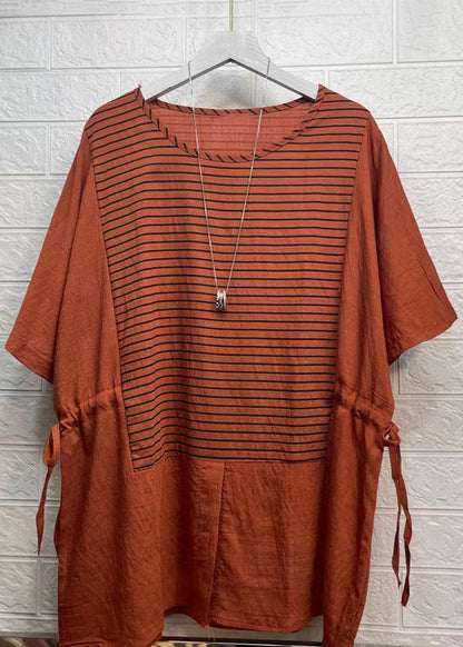 Rubber Red Striped Drawstring Patchwork Cotton Tops Summer