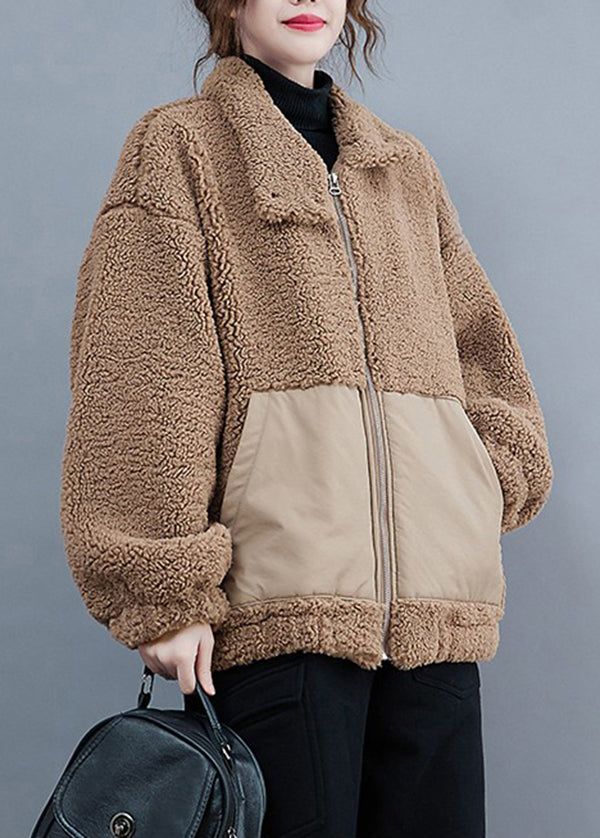 Coffee Zippered Pockets Patchwork Faux Fur Jacket Winter