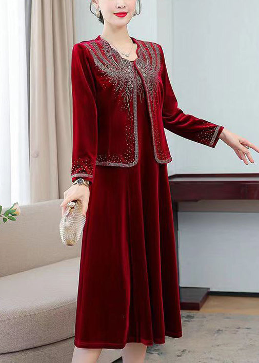 Classy Wine Red Zircon Coat and Waistcoat Dress Silk Velour Two Pieces Set Fall