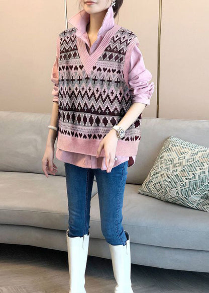 French Pink Peter Pan Collar Shirts and Vest Knit Two Piece Suit Set Fall