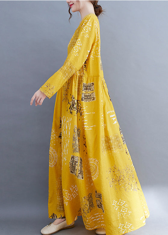 Yellow O-neck Wrinkled Print Cotton Loose Dress Long Sleeve