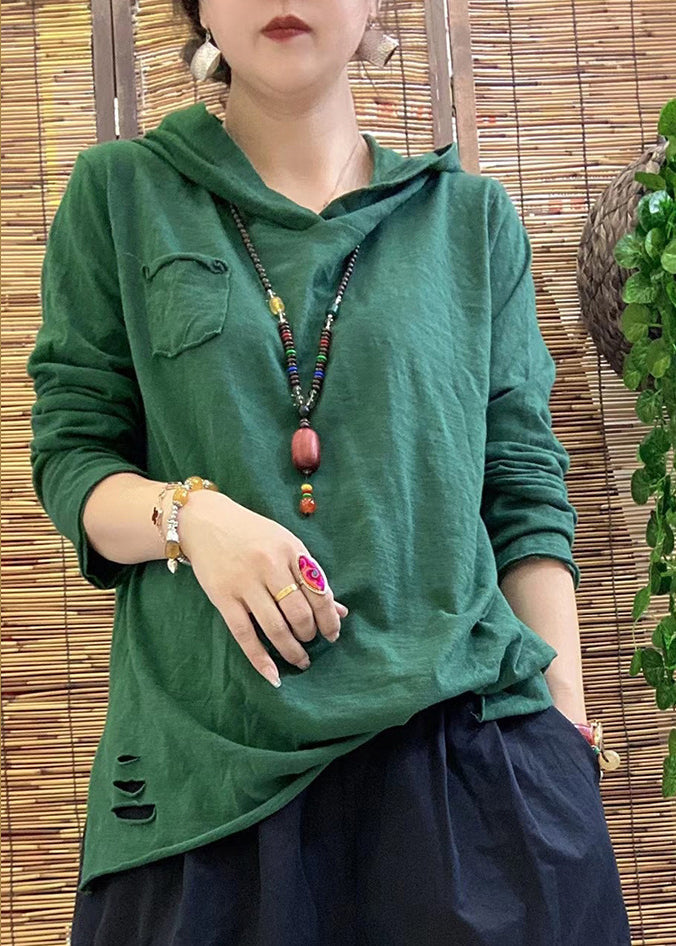 Black Hooded Side Open Hole Cotton Top Long Sleeve