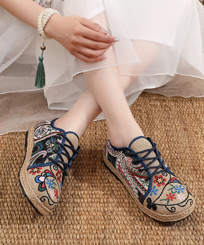 Retro Style Embroidered Lace Up Linen Flat Shoes
