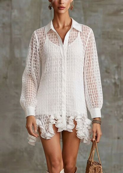 Stylish White Ruffled Hollow Out Tulle Shirt Dress Spring