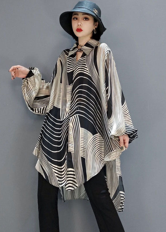 Low High Design Striped Chiffon Shirt Blouse