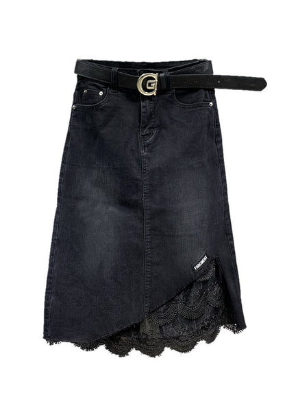 Black Lace Pockets Patchwork Denim Skirt Spring