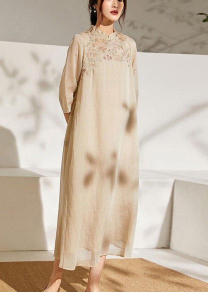 Beige Embroideried Patchwork Button Summer Long Dress