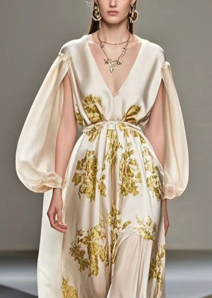 Style Champagne V Neck Print Silk Maxi Dress Cloak Sleeves Summer
