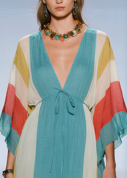 Blue Asymmetrical Striped Cotton Dresses Summer
