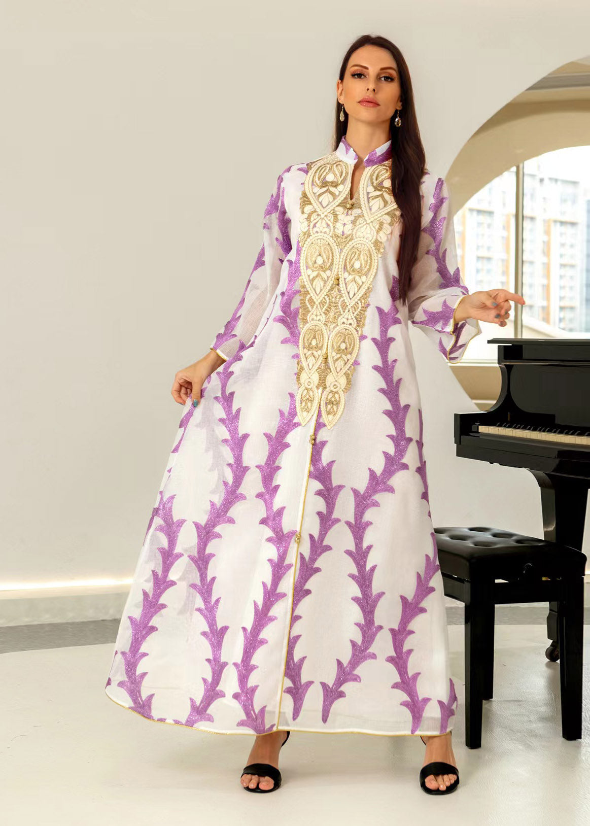 Purple Stand Collar Striped Patchwork Tulle Maxi Dresses Long Sleeve