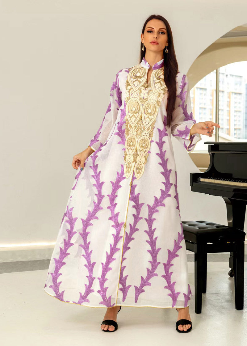 Purple Stand Collar Striped Patchwork Tulle Maxi Dresses Long Sleeve