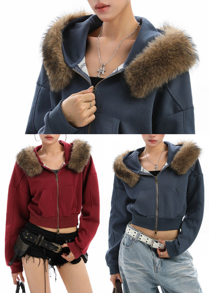 Red Zip Up Patchwork Faux Fur Hooded Coat Winter