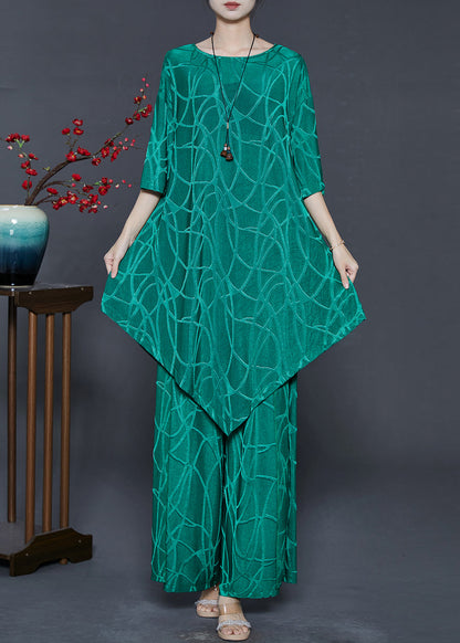Green Asymmetrical Print Silk Two Pieces Set Summer