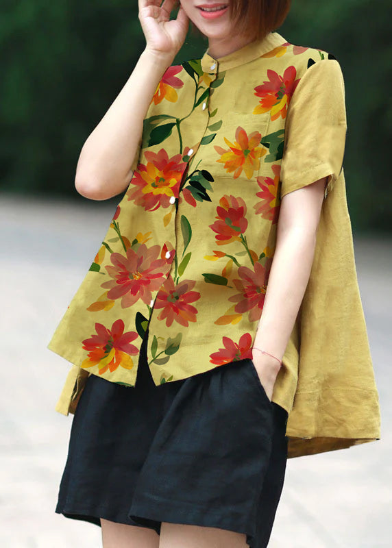 Blue Dot Print Patchwork Linen Top Button Stand Collar Summer