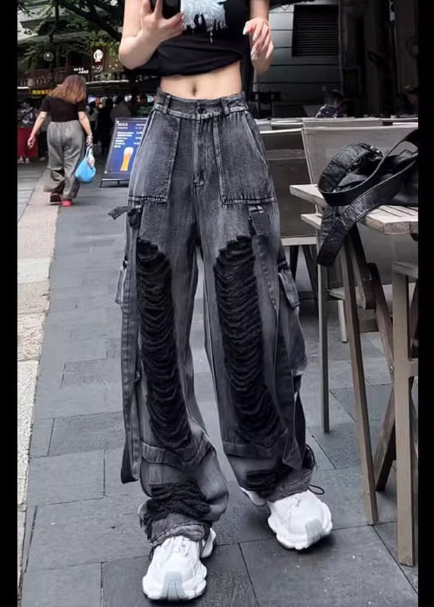 Black Pockets Ripped Denim Pants Trousers Fall