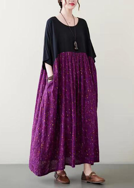 Purple Patchwork Wrinkled Maxi Dress Summer