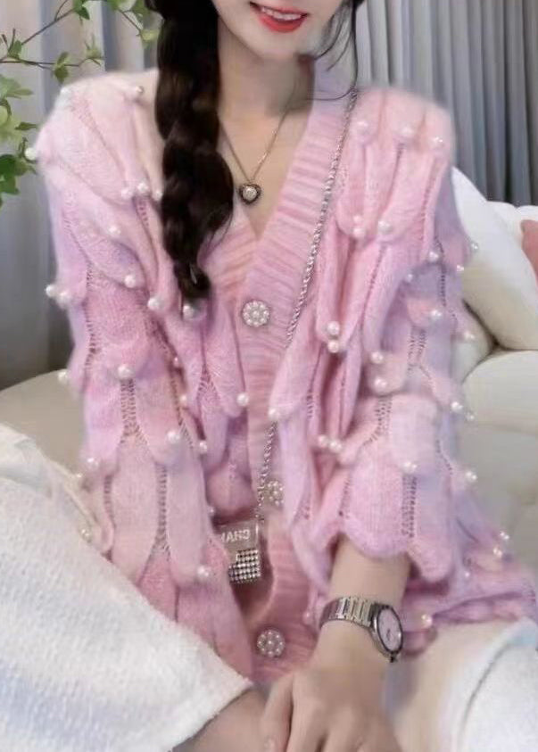 Pink Tie Dye V Neck Nail Bead Patchwork Knit Cardigan Fall