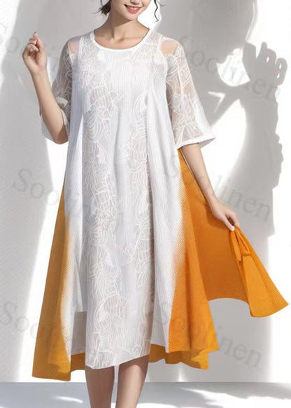 French White Patchwork Hollow Out Silk Long Dresses Short Sleeve