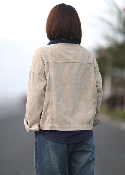 Apricot Peter Pan Collar Button Pockets Patchwork Corduroy Coats Long Sleeve