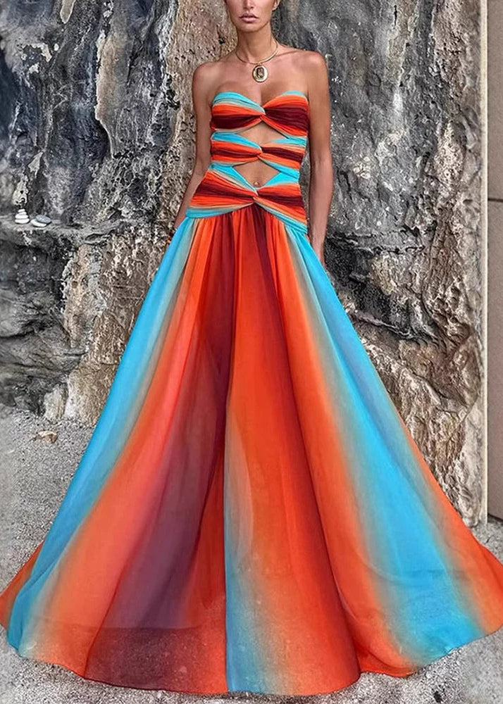 Rainbow Hollow Out Wrinkled Patchwork Cotton Vacation Dresses Sleeveless
