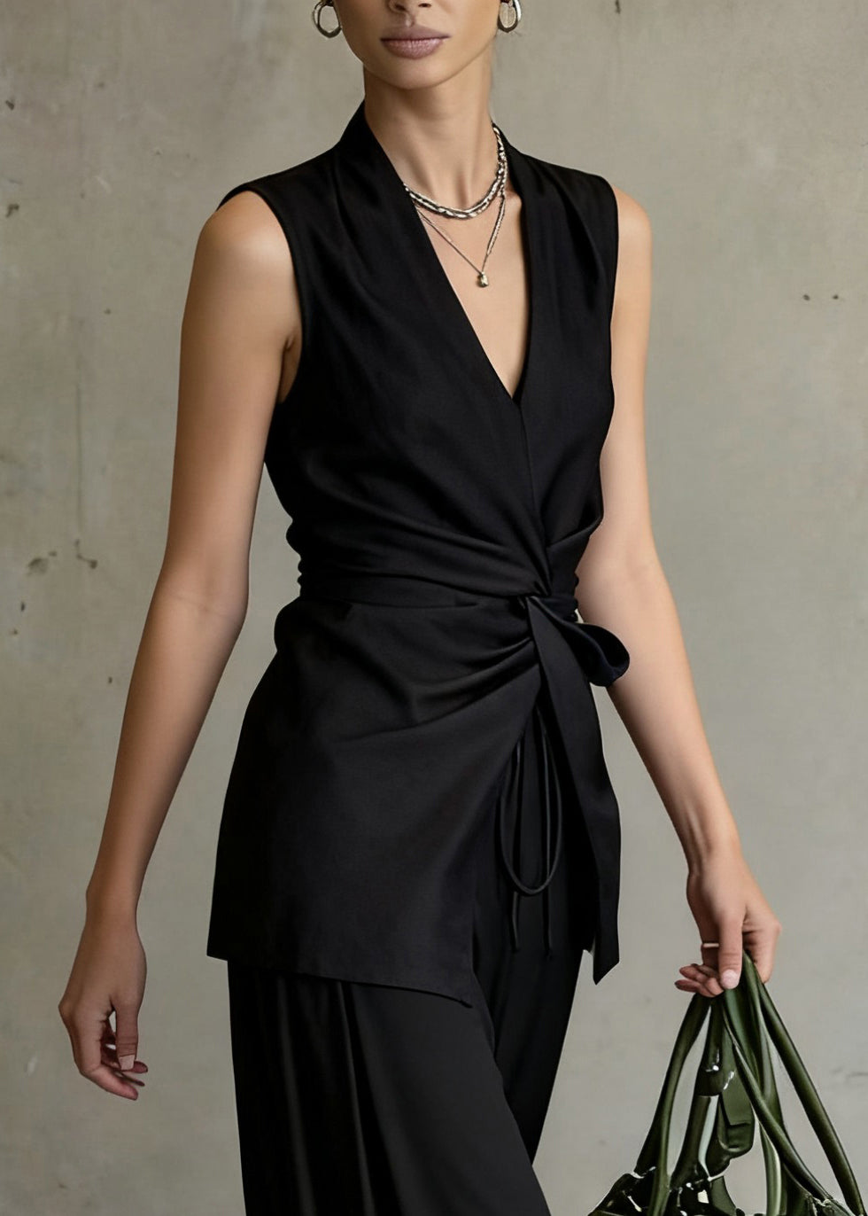 Slim Fit Black Wrinkled Front Open Tops and Wide Leg Pants Two Piece Set Sleeveless