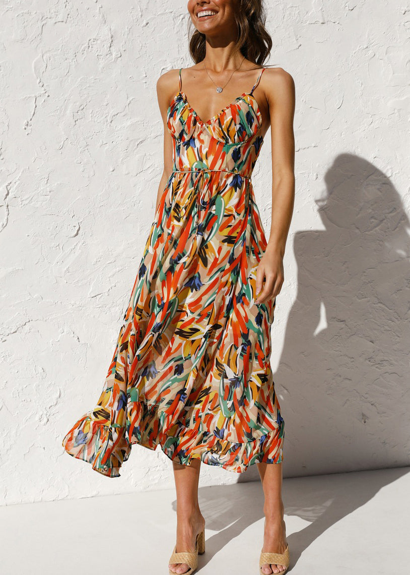 Novelty Orange Ruffled Print Cotton Spaghetti Strap Dress Sleeveless Summer