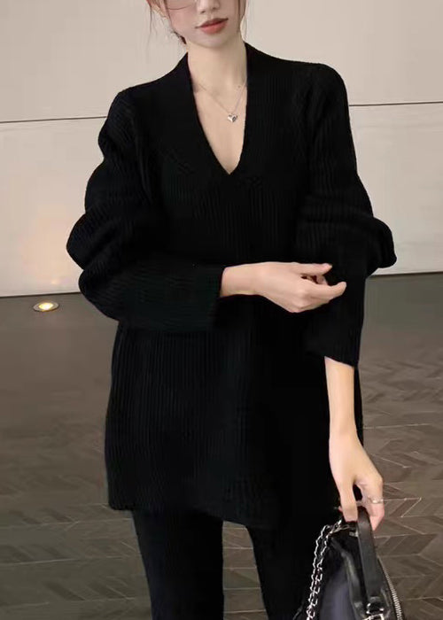 Black Sweaters and Flared Trousers Knit Two Pieces Set V Neck Spring