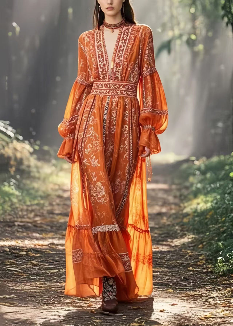 Italian Orange Cinched Print Chiffon Holiday Dress Spring
