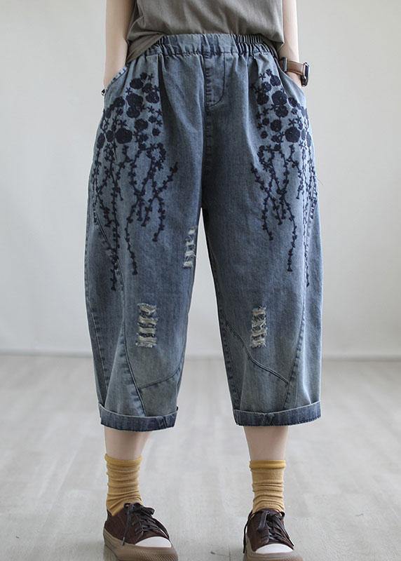 Blue Embroideried Summer Denim Pants