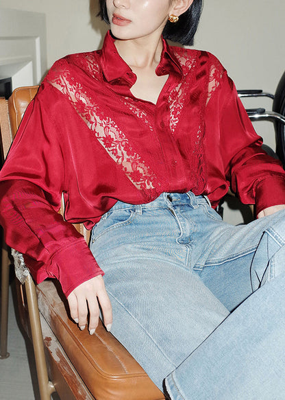 Art Red Hollow Out Lace Patchwork Cotton Blouse Top Fall