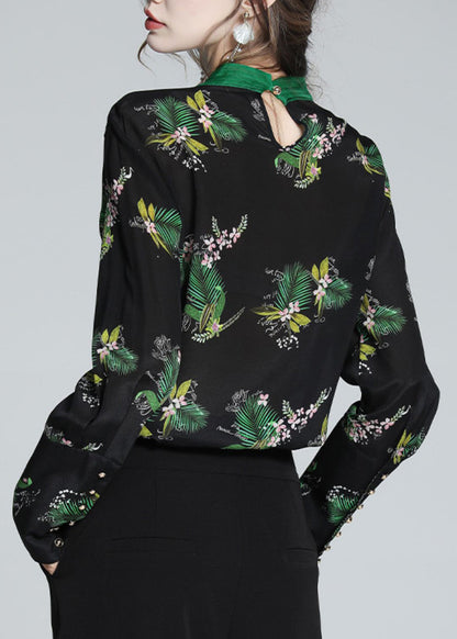 Black Stand Collar Print Silk Shirt Spring