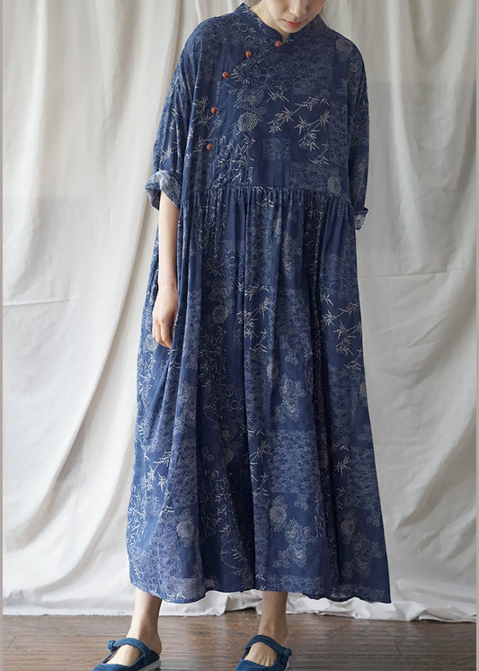 Blue Cinched Print Cotton Maxi Dress Half Sleeve