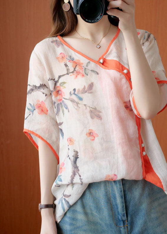 Stylish Orange Red Button Asymmetrical Design Print Fall Shirt Half Sleeve