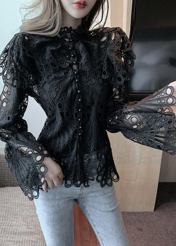White Turtleneck Embroidered Lace Shirts Flare Sleeve
