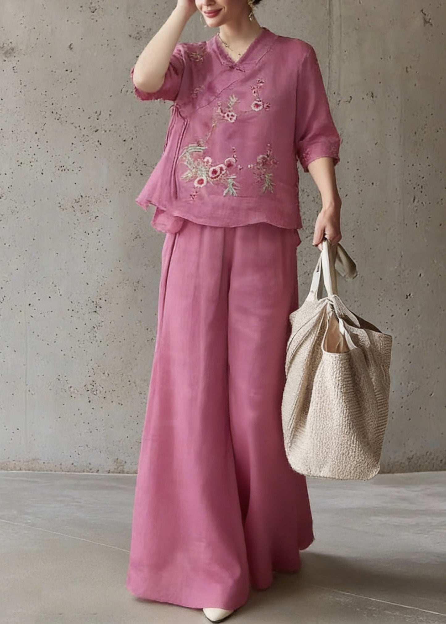 Rose Embroidered Tie Waist Top and Wide Leg Pants Two Pieces Set Half Sleeve