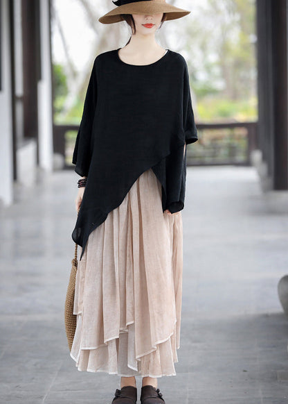 Khaki Elastic Waist Asymmetrical Design Layered Linen Skirts Summer