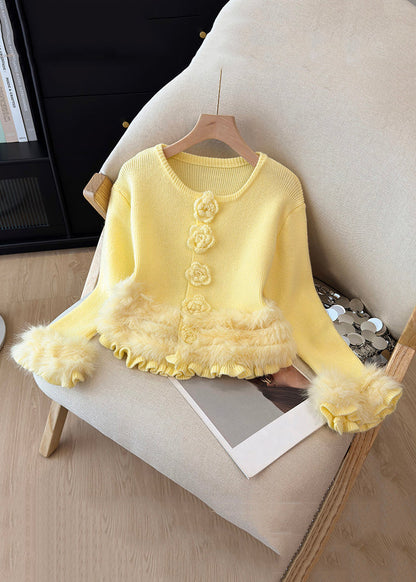 Yellow O Neck Fluffy Patchwork Knit Sweater Winter