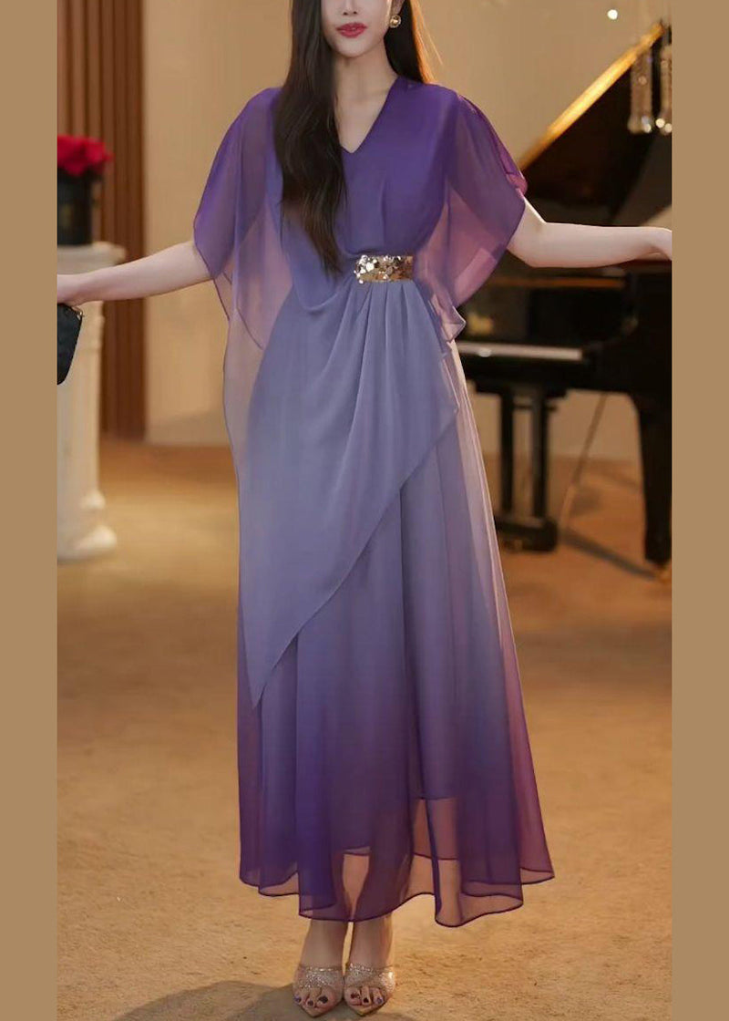 Gradient Color Asymmetrical High Waist Chiffon Long Dress Summer