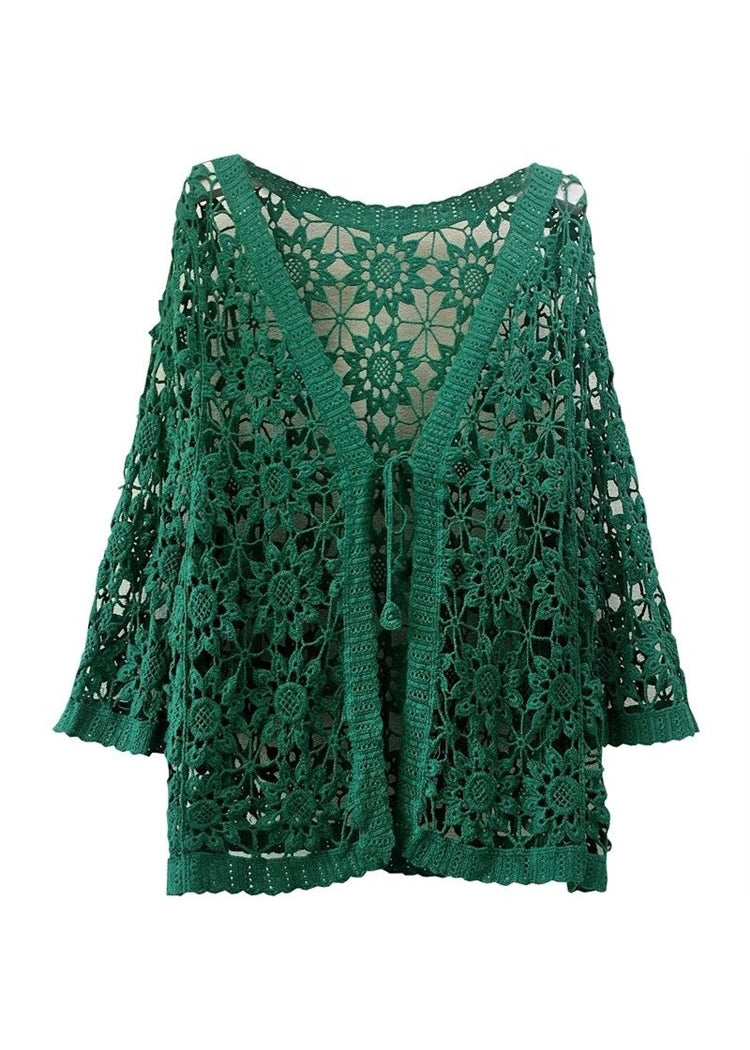 Blackish Green Hollow Out Patchwork Knitting Cotton Cardigan Fall