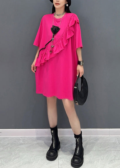 New Rose O-neck Ruffled Patchwork Tops Short Sleeve