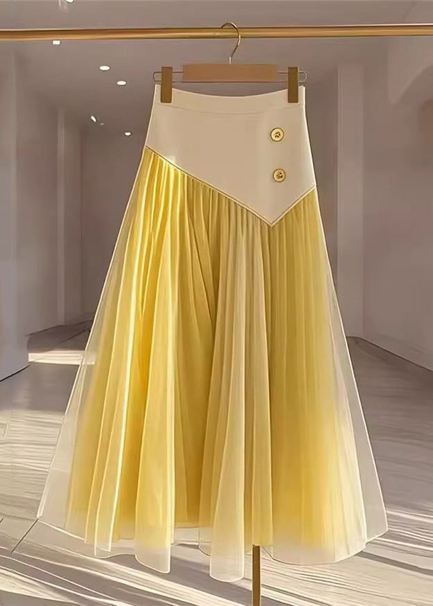 Yellow High Waist Wrinkled Patchwork Tulle Skirt Fall